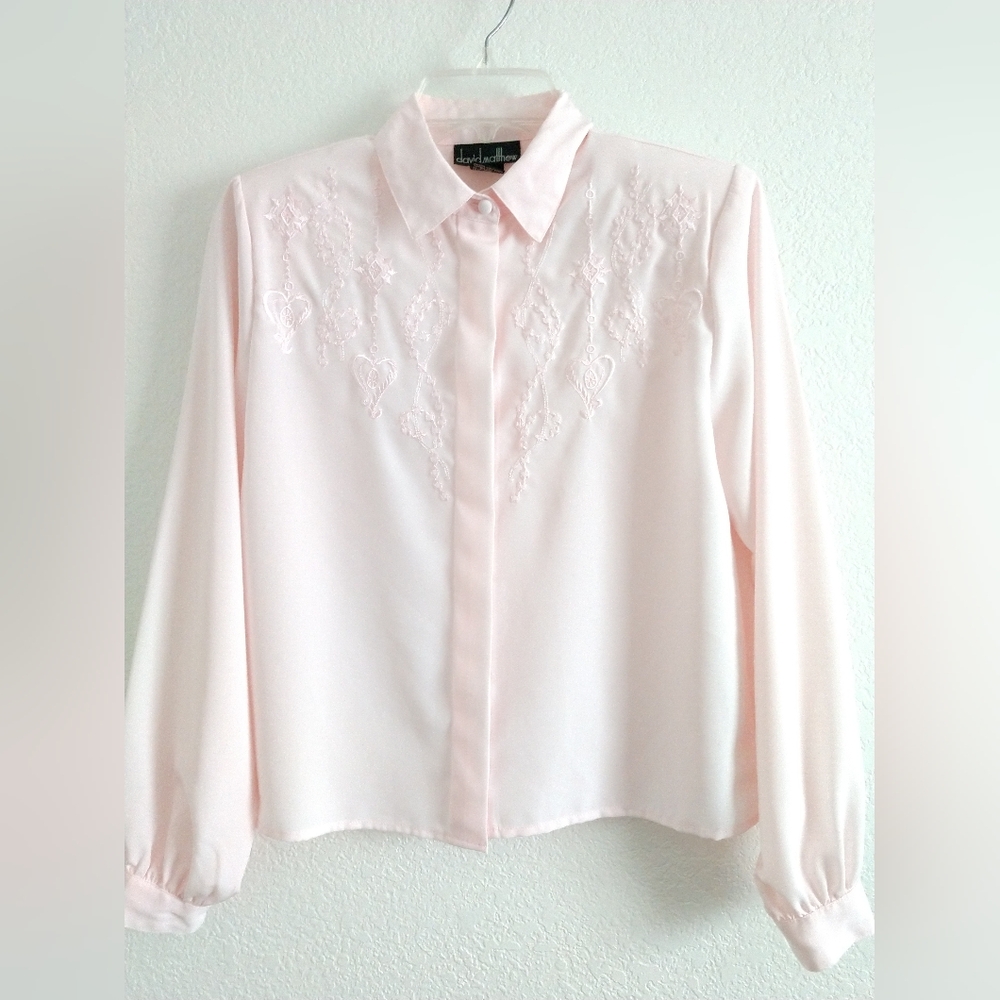 Beautiful Vintage Pink Embroidered Blouse High Neck Long Sleeve Size 4P 4 PETITE